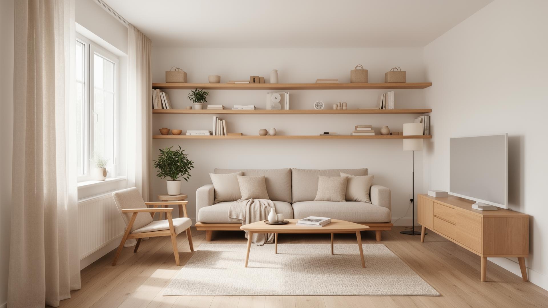 Beautifully organized small apartment living room with Scandinavian design